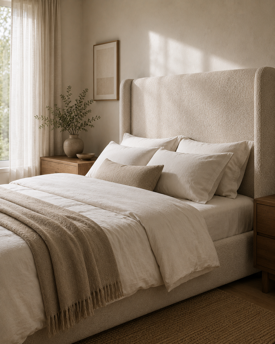 Upholstered bed with tall padded headboard in soft beige
